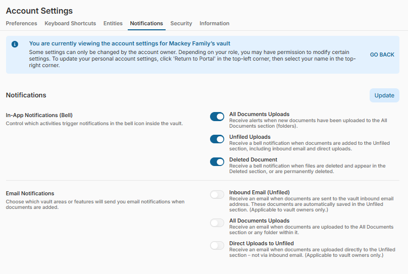 Primary owner Account Settings → Notifications → Email Notifications (disabled - gray)