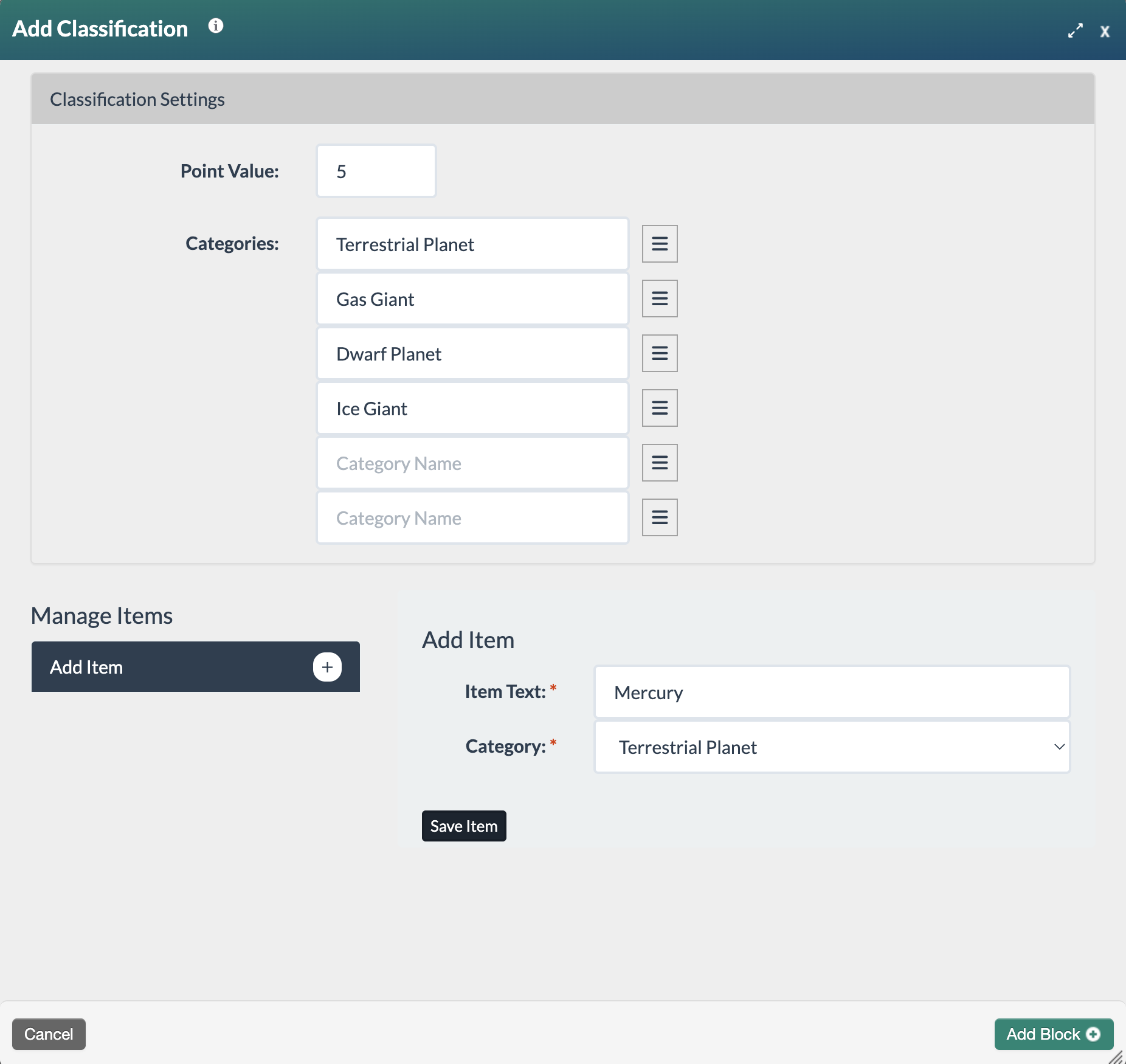 screenshot of item being added mercury and terrestrial planet