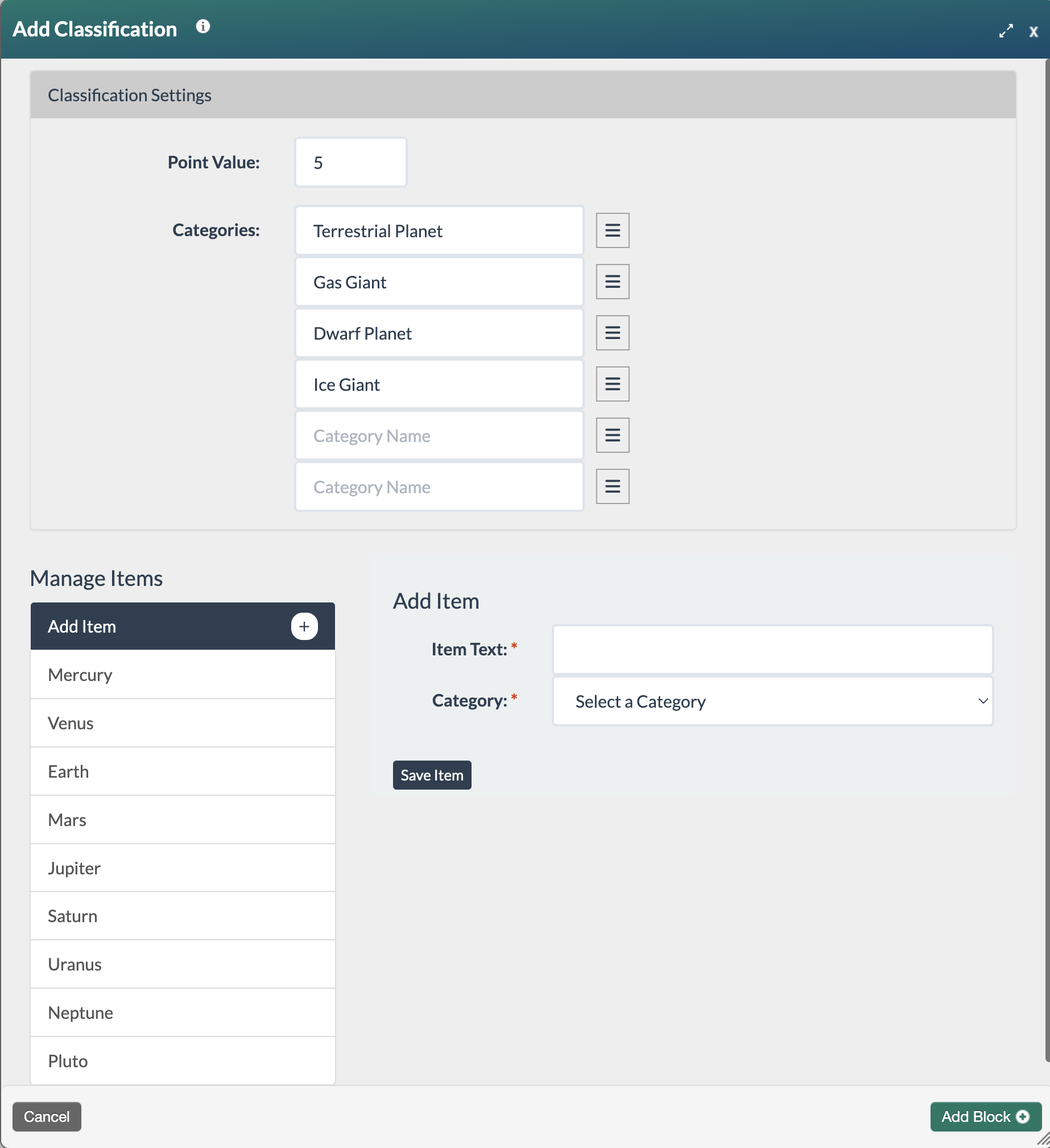 screenshot of all categories and add block highlighted