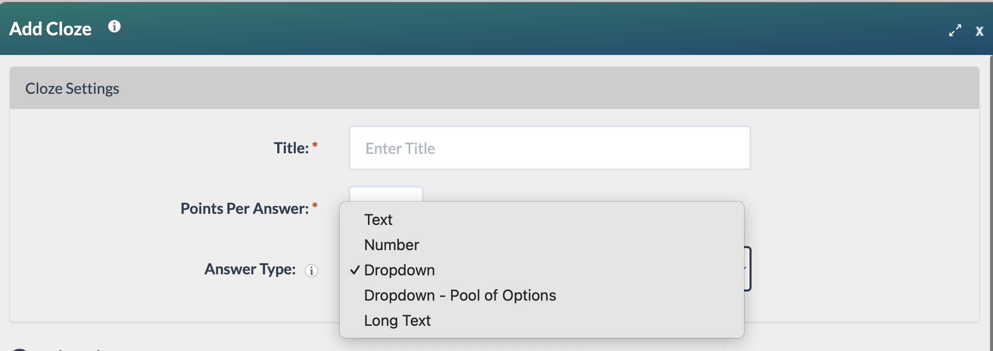 dropdown with the different answer types for the Cloze block