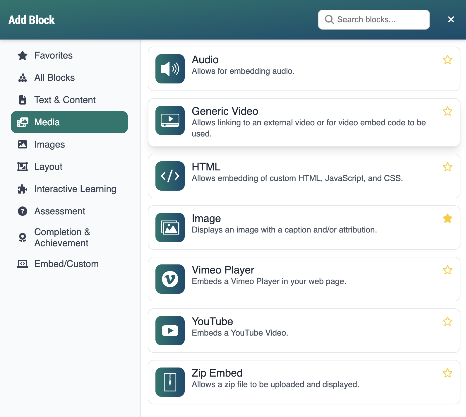 add block window with Media category selected