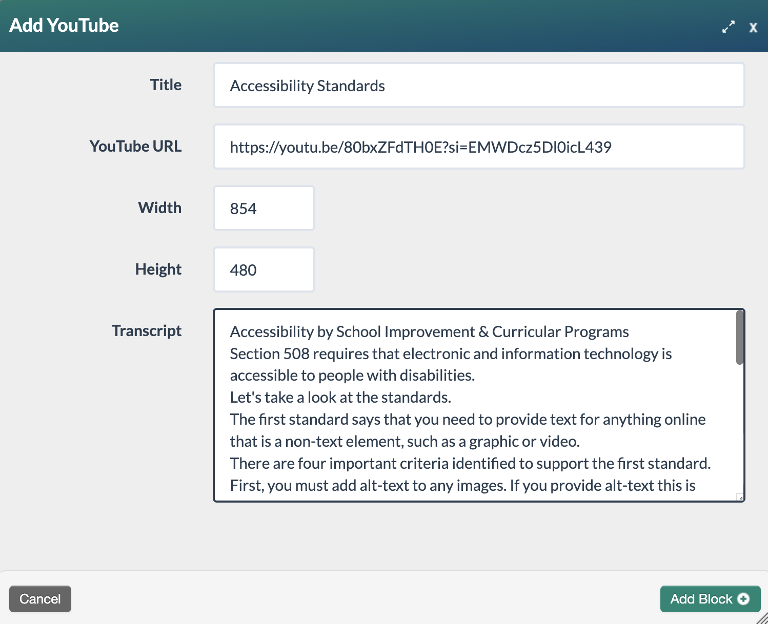 completed Add Youtube form