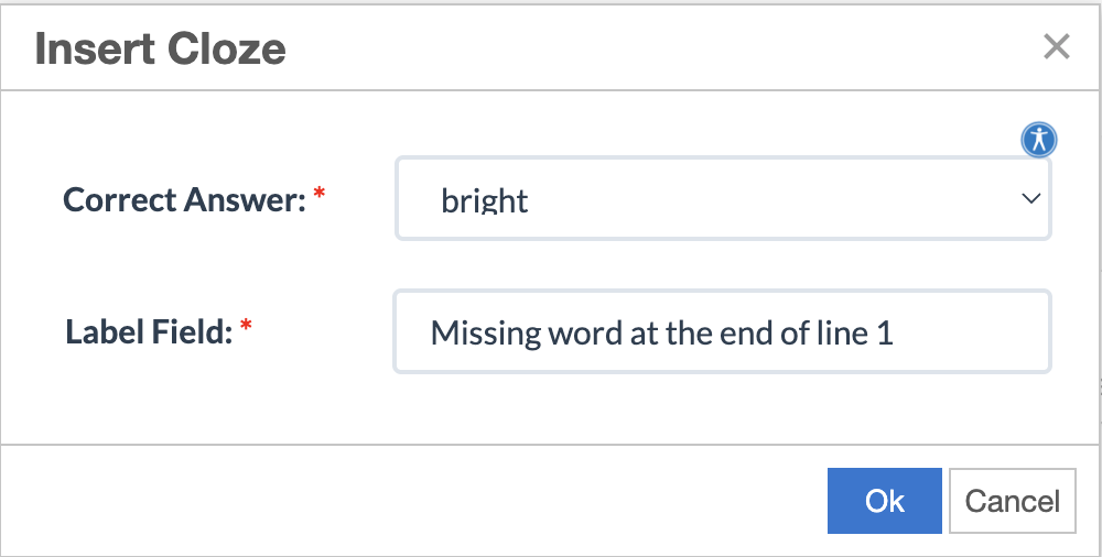 Insert Cloze modal showing on top of previous modal, with options to select a Correct Answer from the dropdown