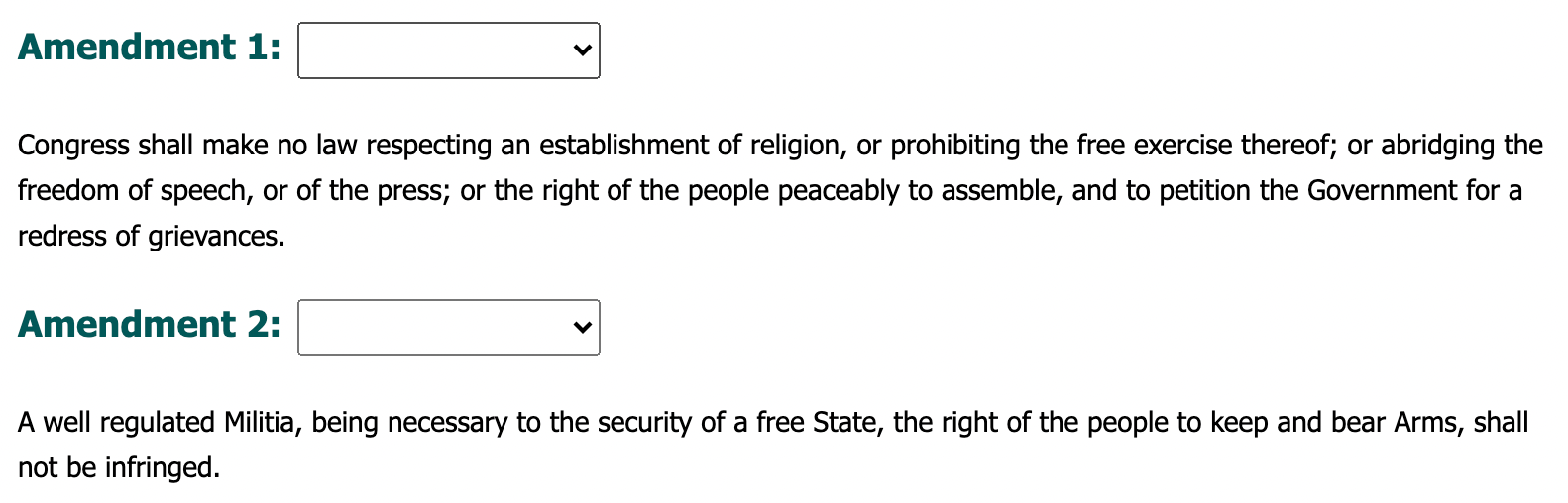screenshot of original cloze activity. Header shows "Amendment 1" followed by a dropdown, followed by amendment 1 text. Header shows "Amendment 2", followed by a dropdown field, followed by amendment 2 text.