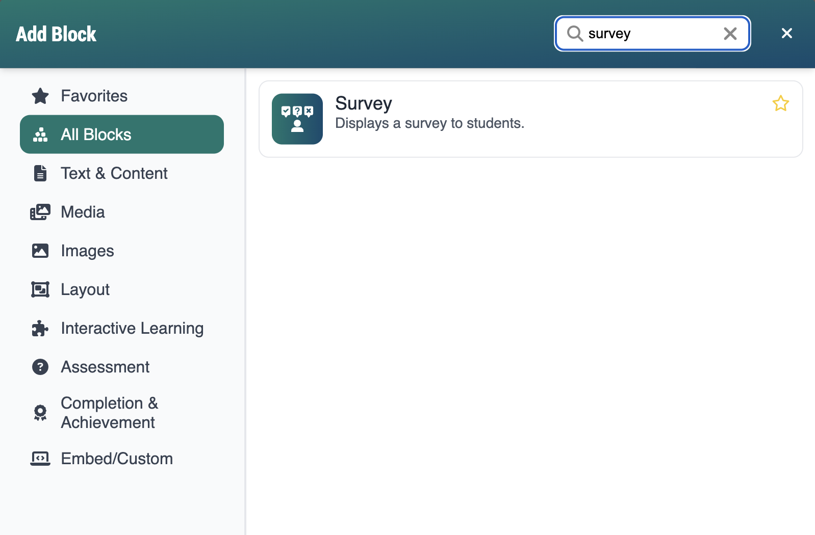 screenshot of add block with the survey block showing