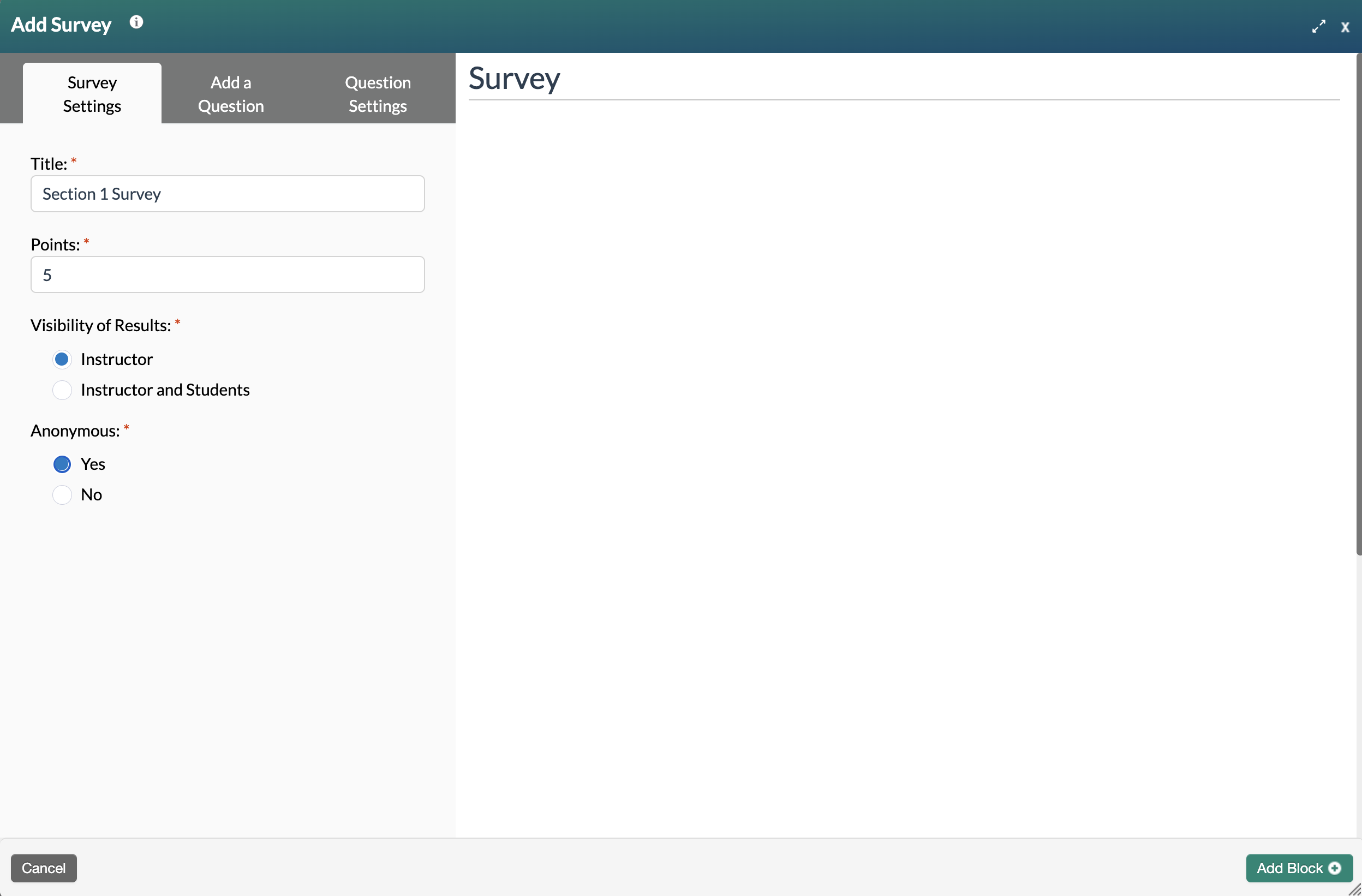 screenshot of completed survey settings