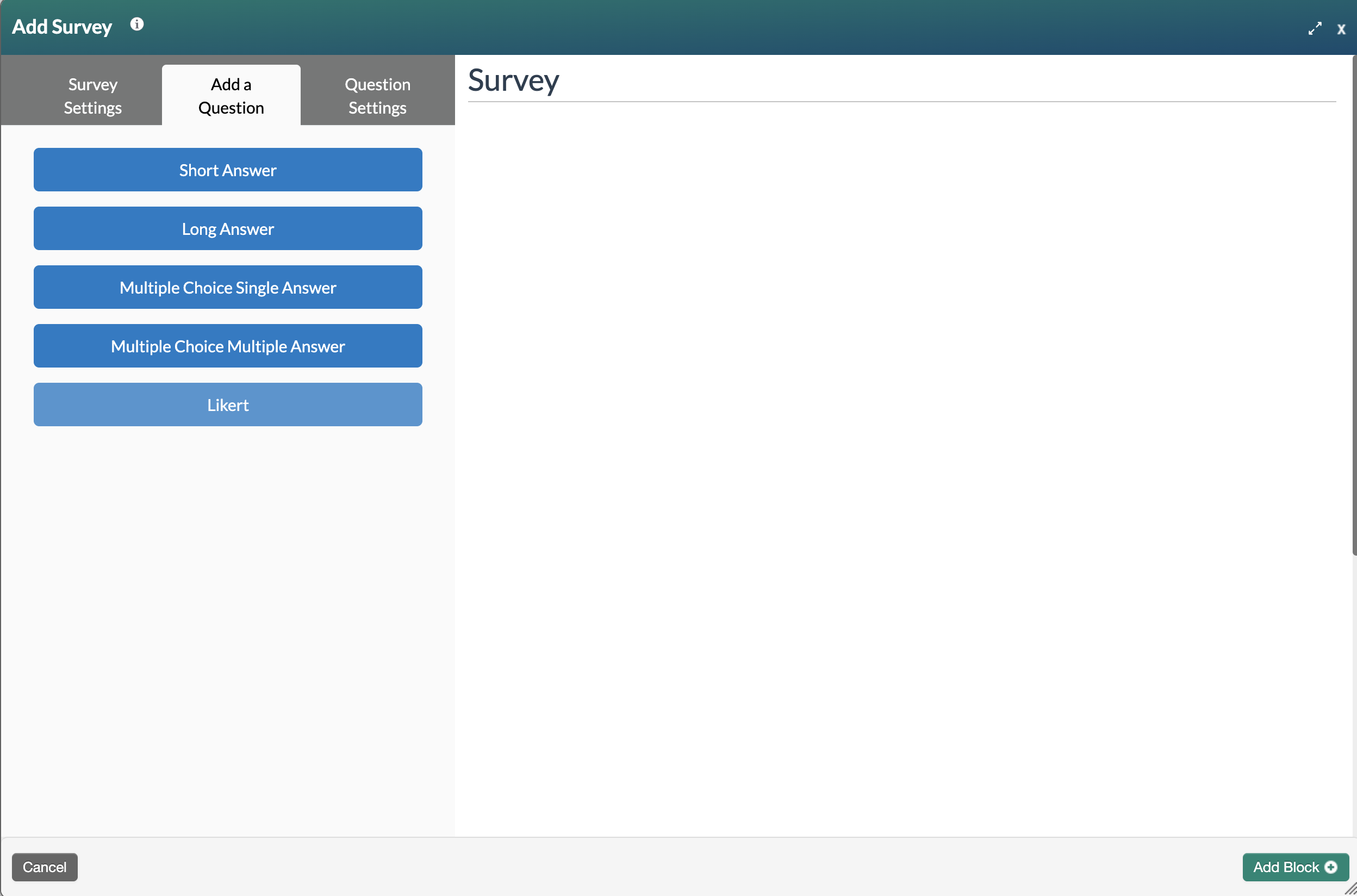 Add Survey form with Add a Question tab selected