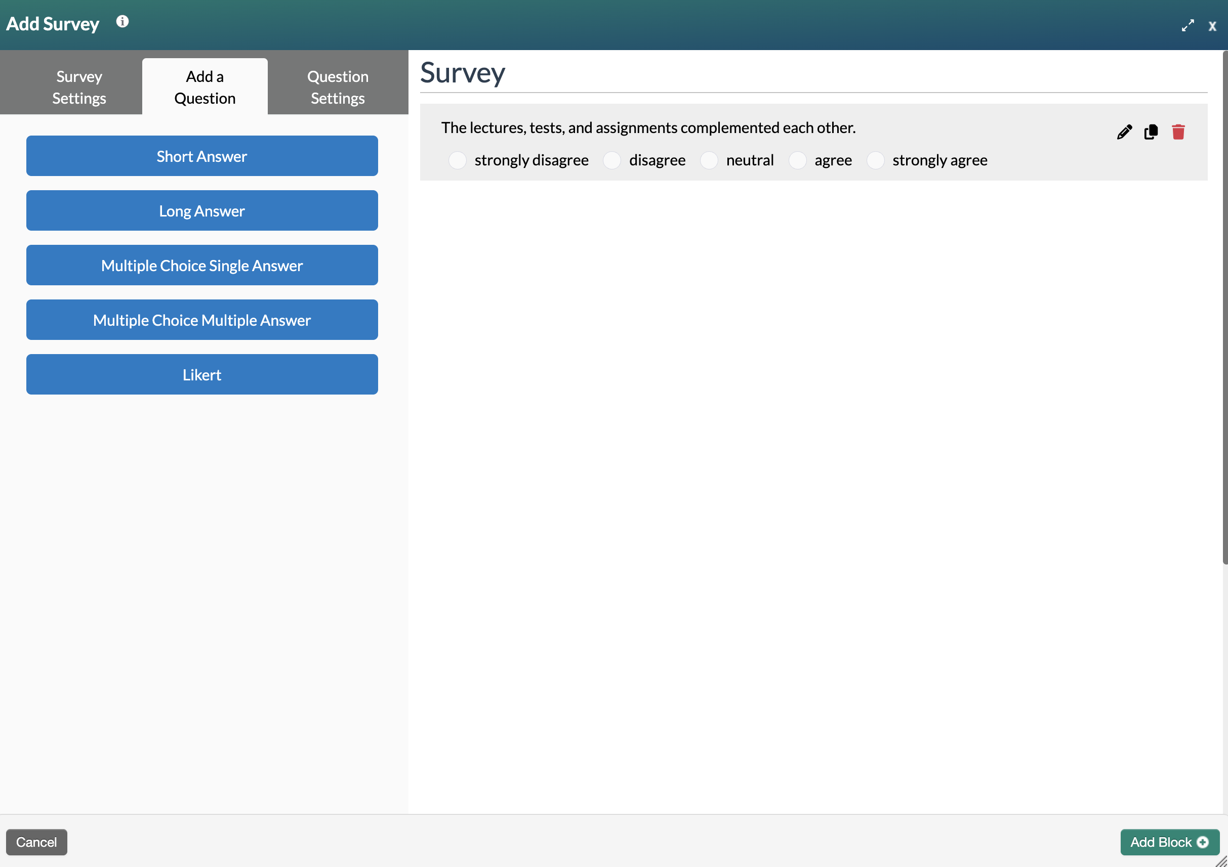 Add survey edit form with Question showing in preview pane for Likert