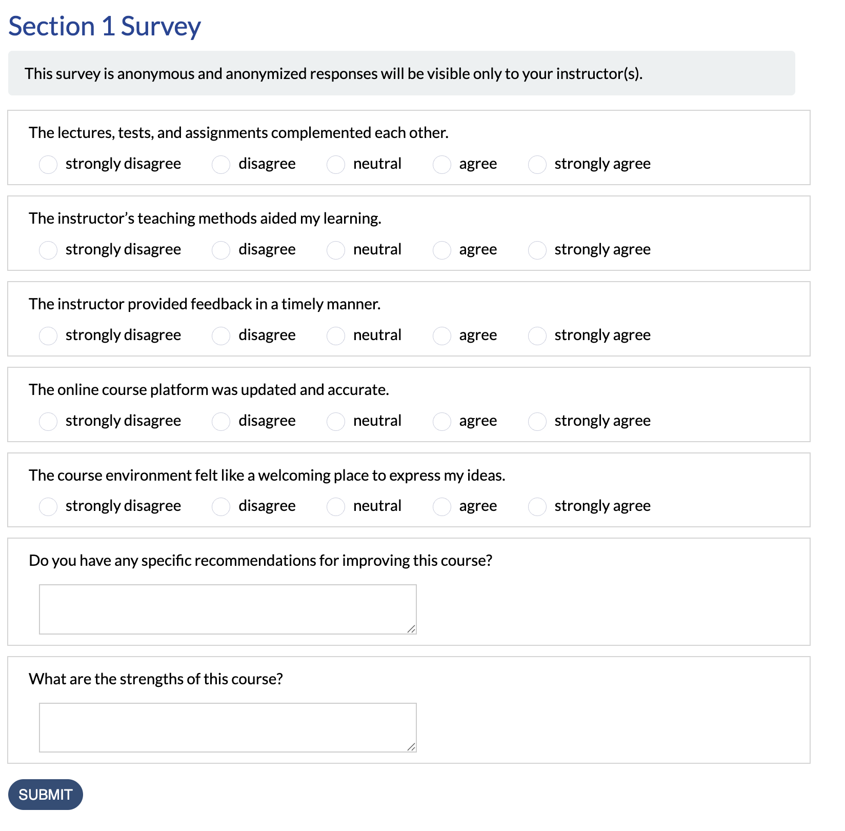 survey showing in published mode as it will appear to learners