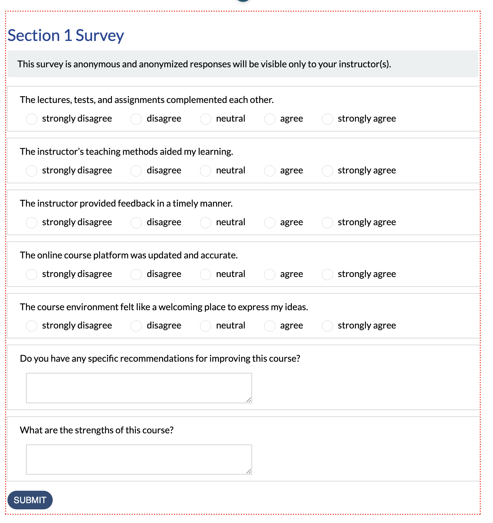 survey showing on page in edit mode with red dotted line around it