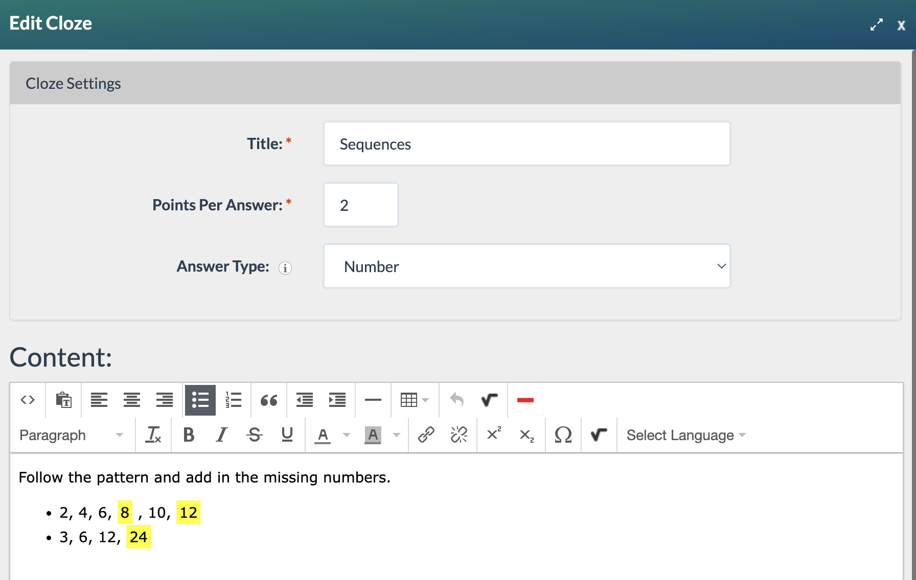 sample published view of a number answer type for sequences