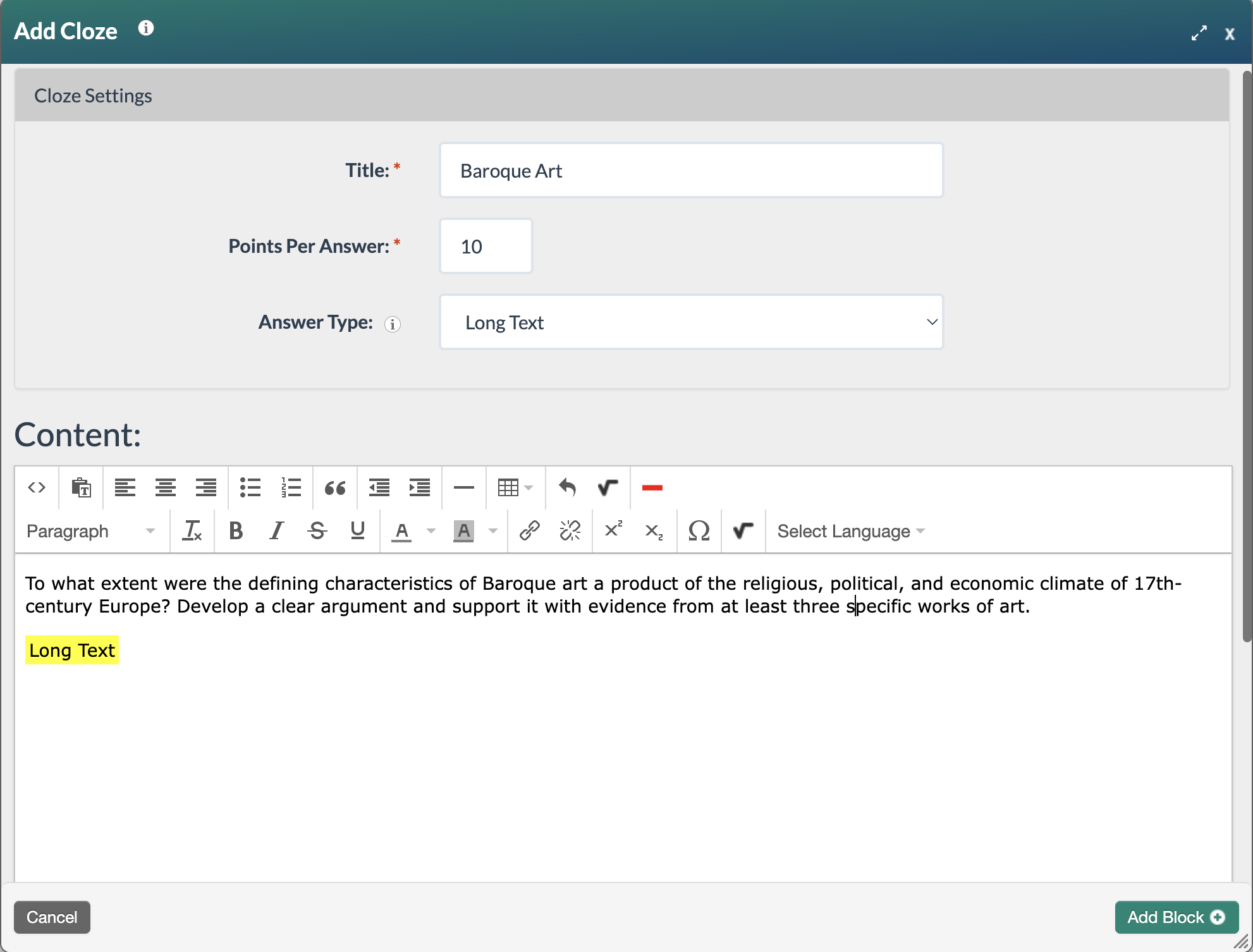 screenshot of the cloze form with long text selected as the answer type