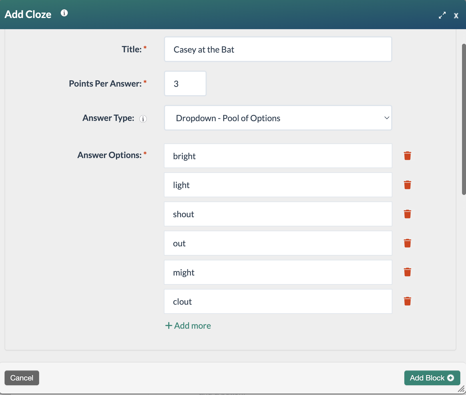 sample dropdown pool of options answer type for a poem