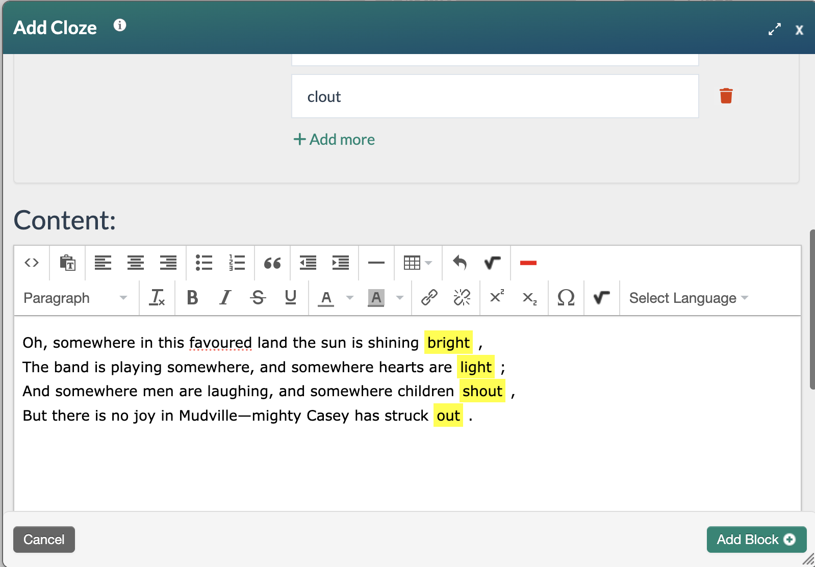 Add Cloze block with Dropdown - pool of options 