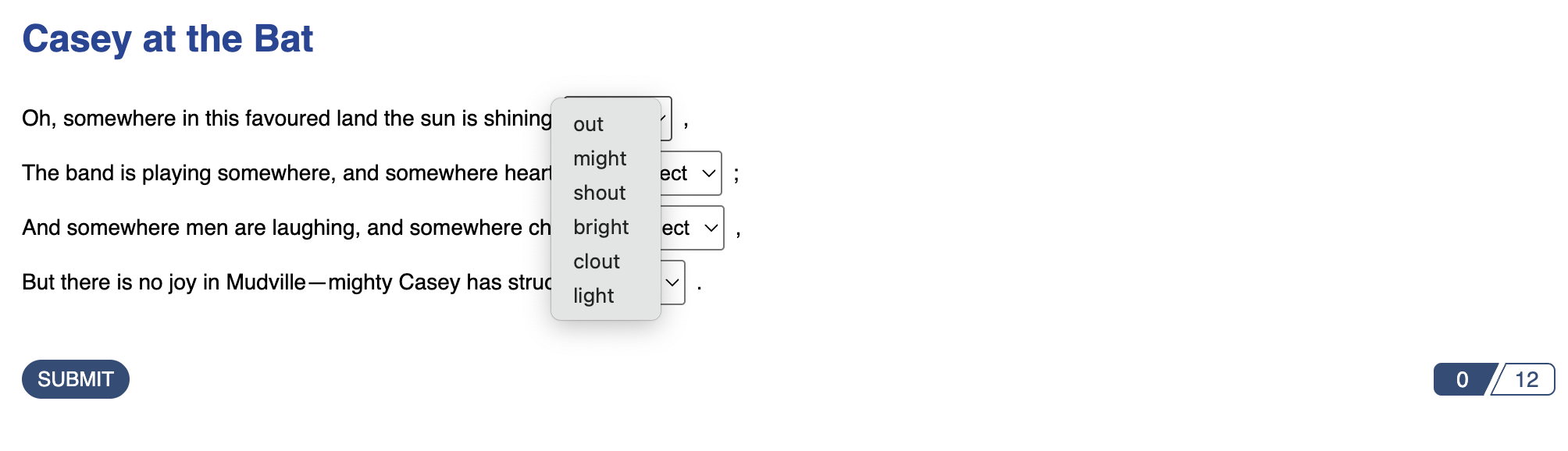 published view of how learners will see the dropdown pool of options answer choices