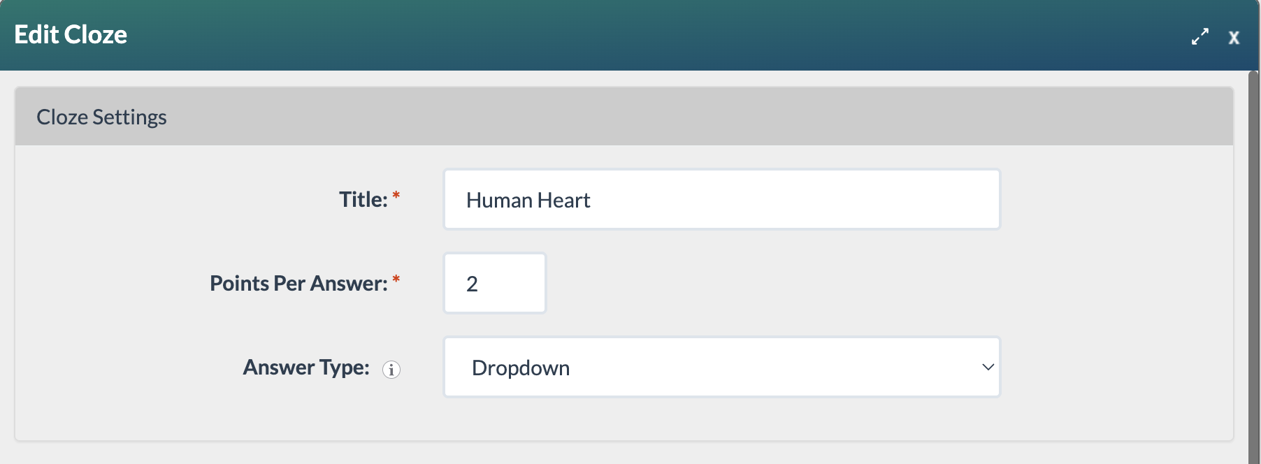 edit cloze form with dropdown selected as the answer type