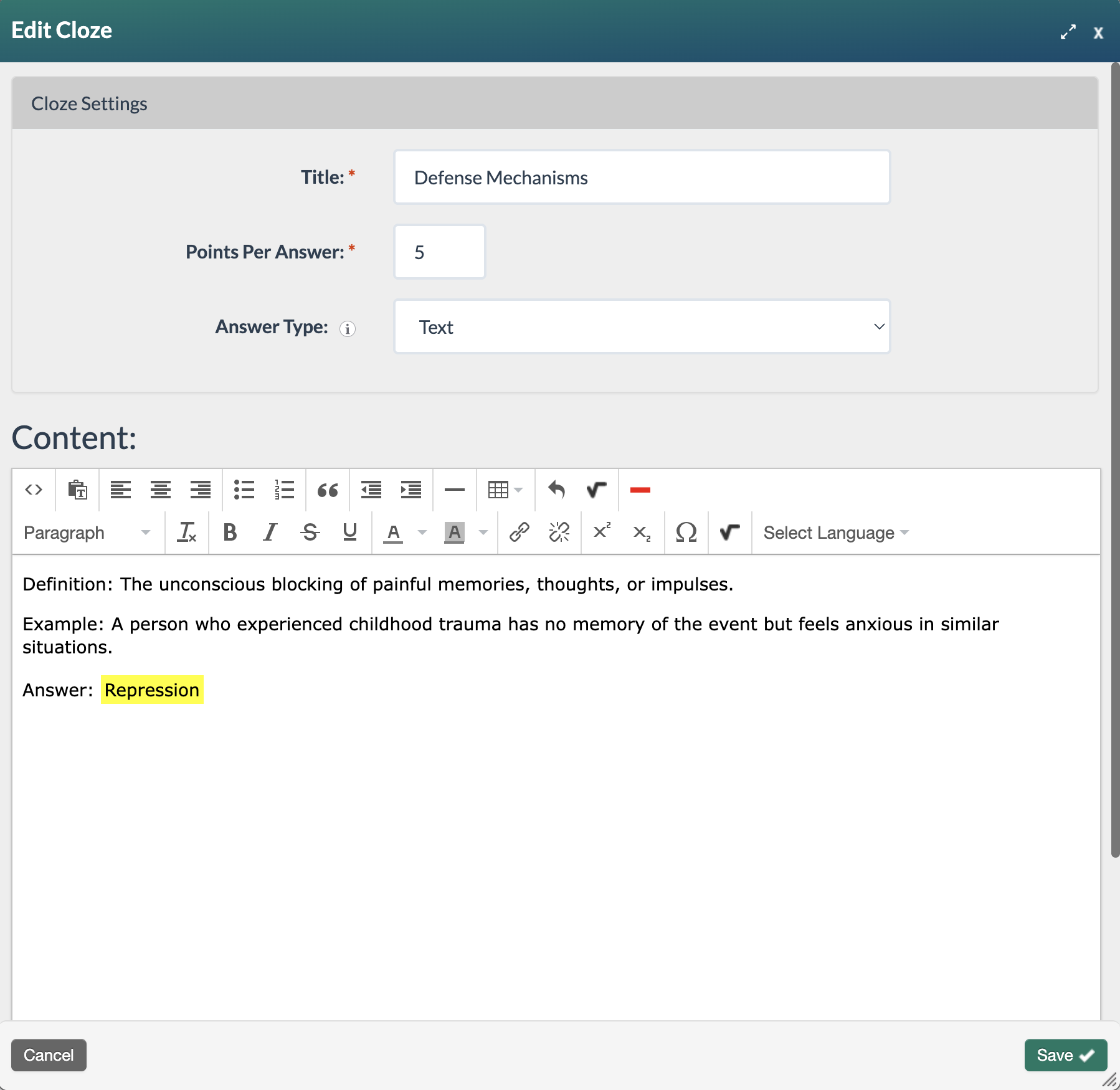 screenshot of cloze edit form with text answer type selected