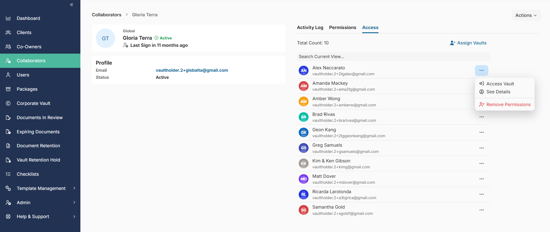 Quickly see which vaults a collaborator has access to directly from the Collaborators page