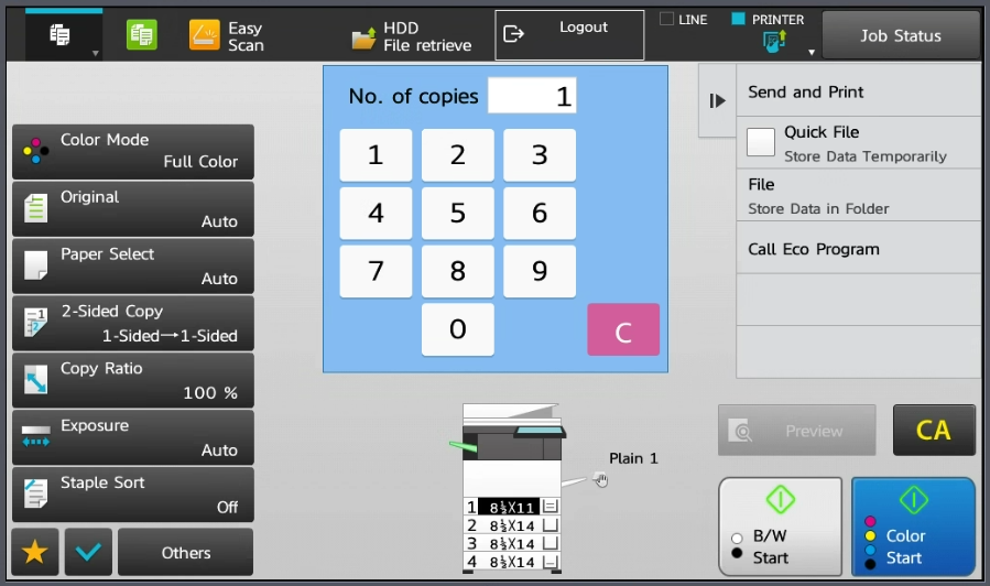 The screen shown when copying. The center of the screen is used to indicate how many copies are desired. Settings on the left define print quality, and the buttons in the bottom right are used to start in black and white (left) or color (right).