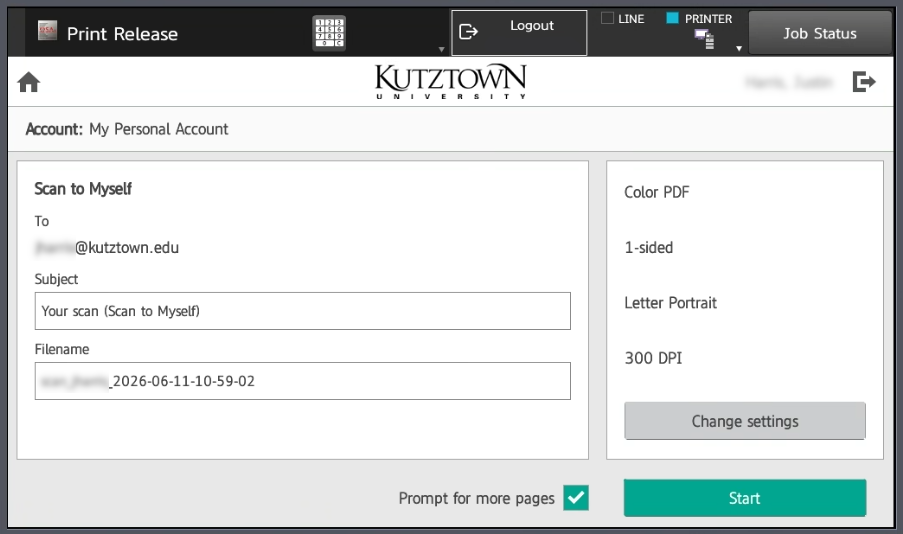 The screen shown when scanning to yourself via email. The To field is automatically populated with your email address. Below that, the subject and filename are editable with additional settings to the right, and a blue Start button is present at the bottom right. 
