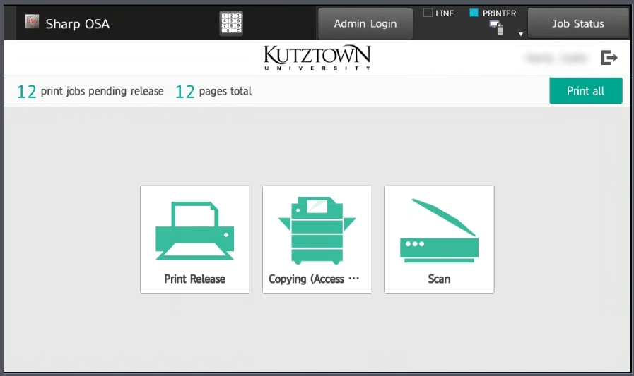 The screen shown immediately after authenticating with your KU ID card or PIN. Options are shown for Print Release, Copying, and Scanning. 