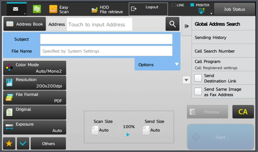 A MFP shows the email screen. The top field is used to enter an email address. Below that is a field for Subject. Below that is a field for file name. 
