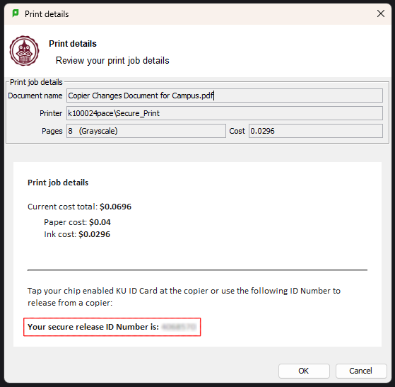 The PaperCut popup window provides details about a print job, including the document's name, page count, cost to print, and secure release ID Number. 