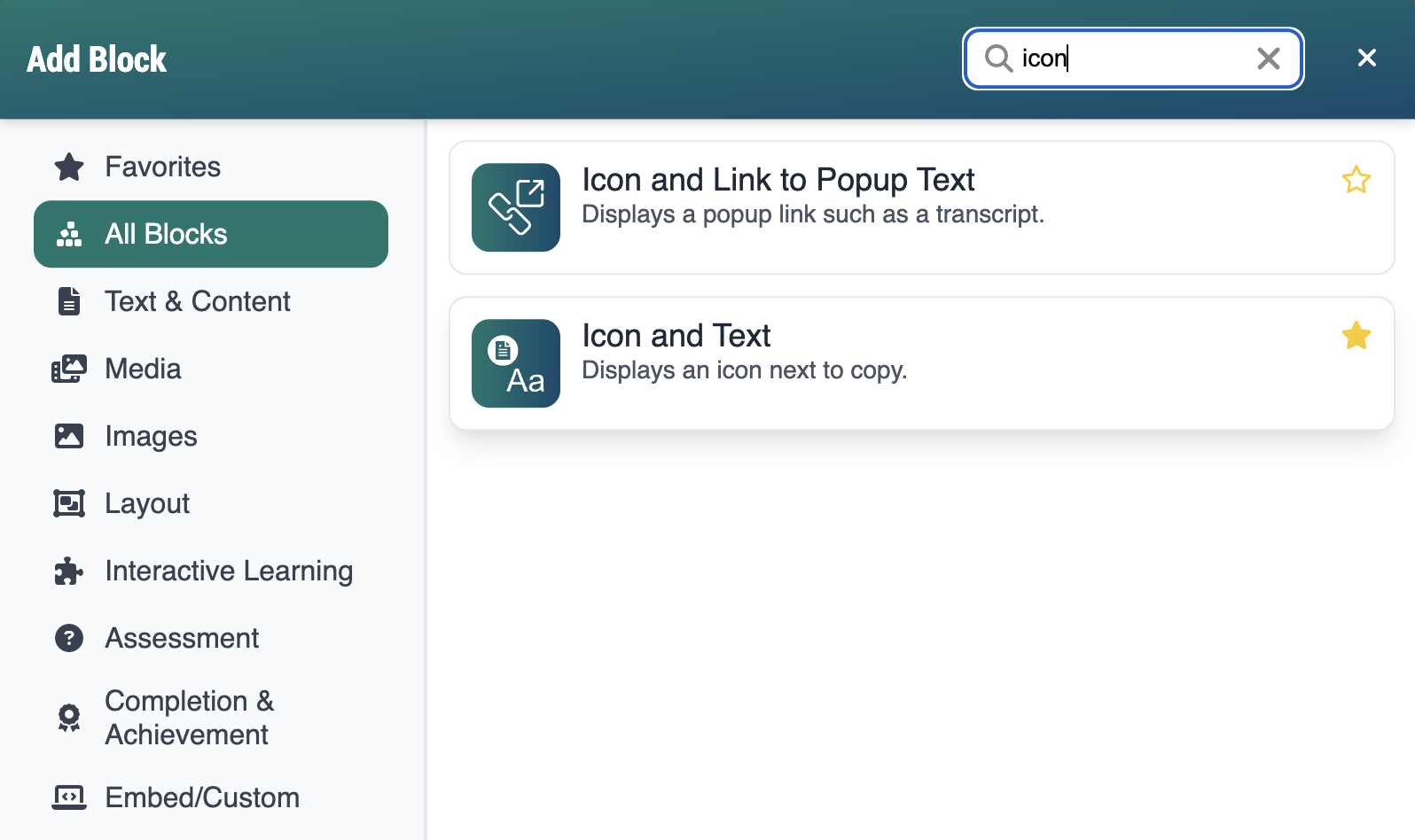 screenshot of add block with the icon and text block showing