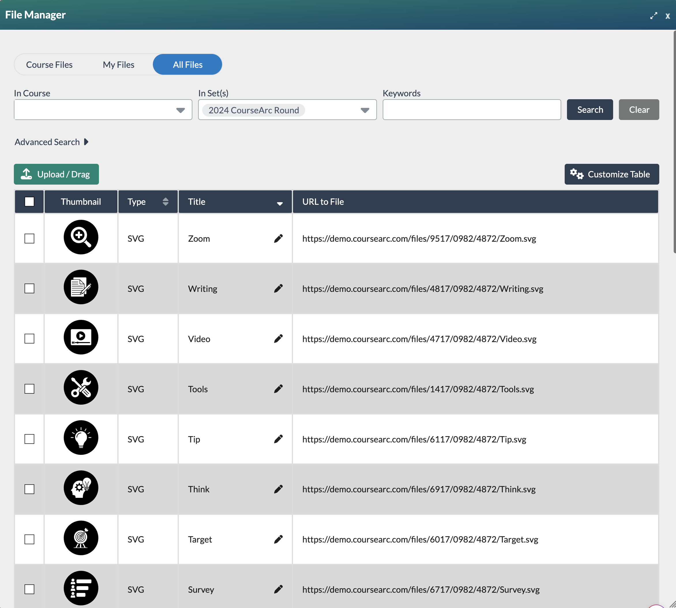 file manager showing the course icons