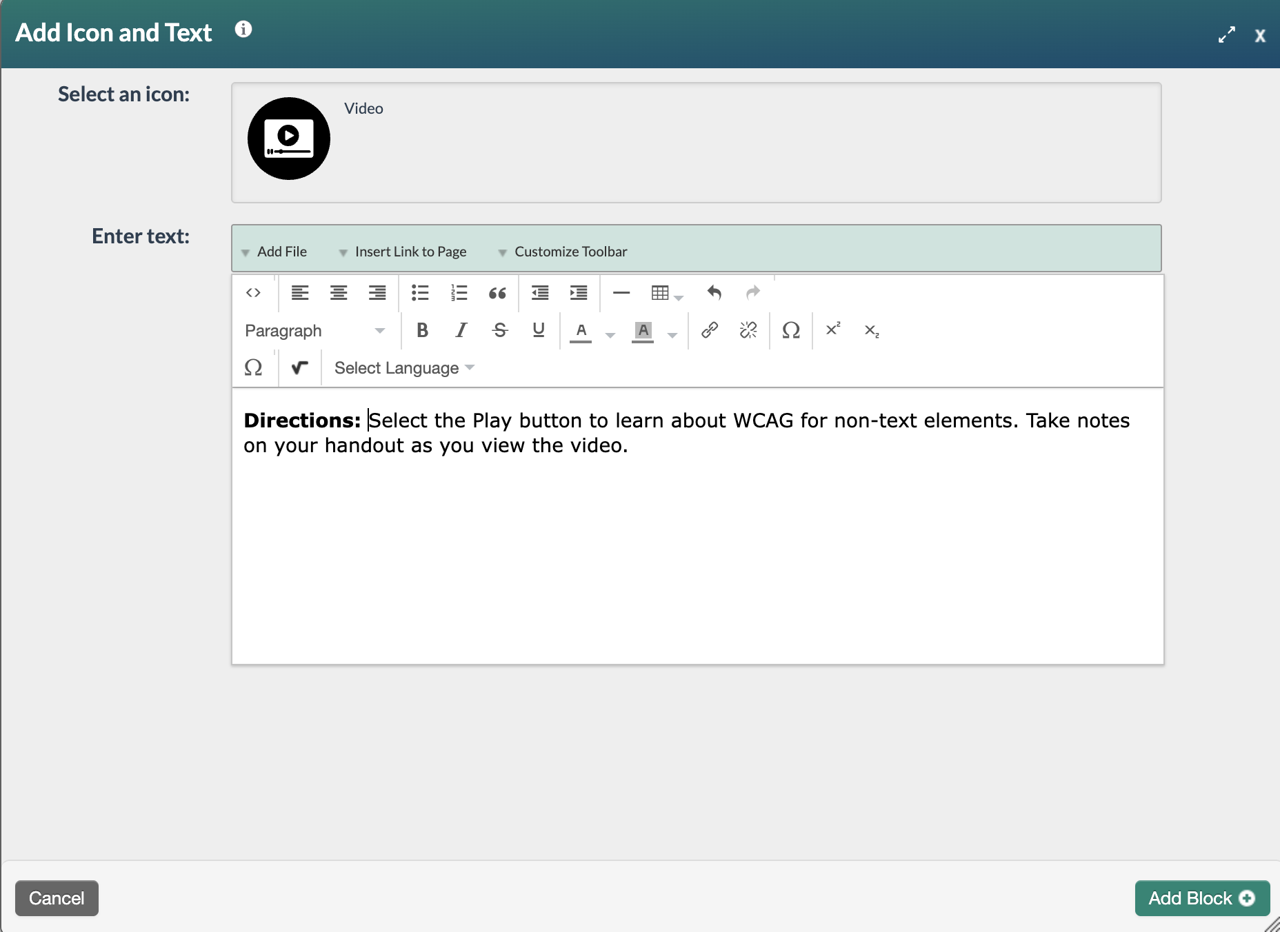 icon and text with the icon selected and text field complete