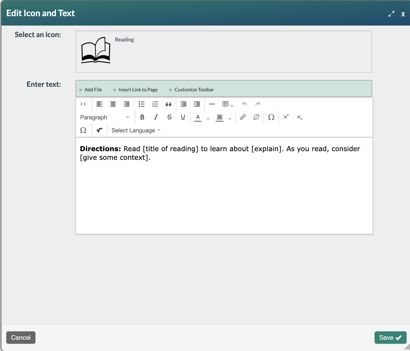 sample default text for a reading icon