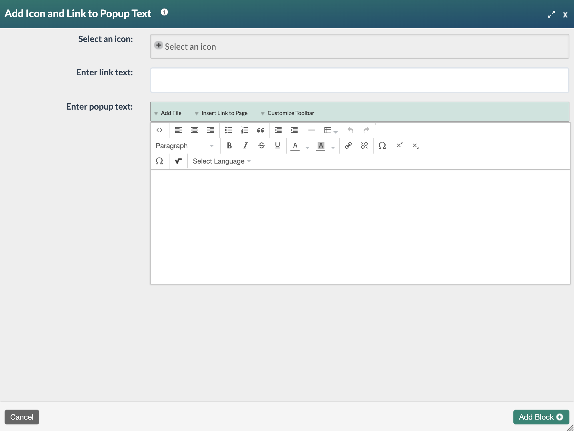 icon and pop up text blank form