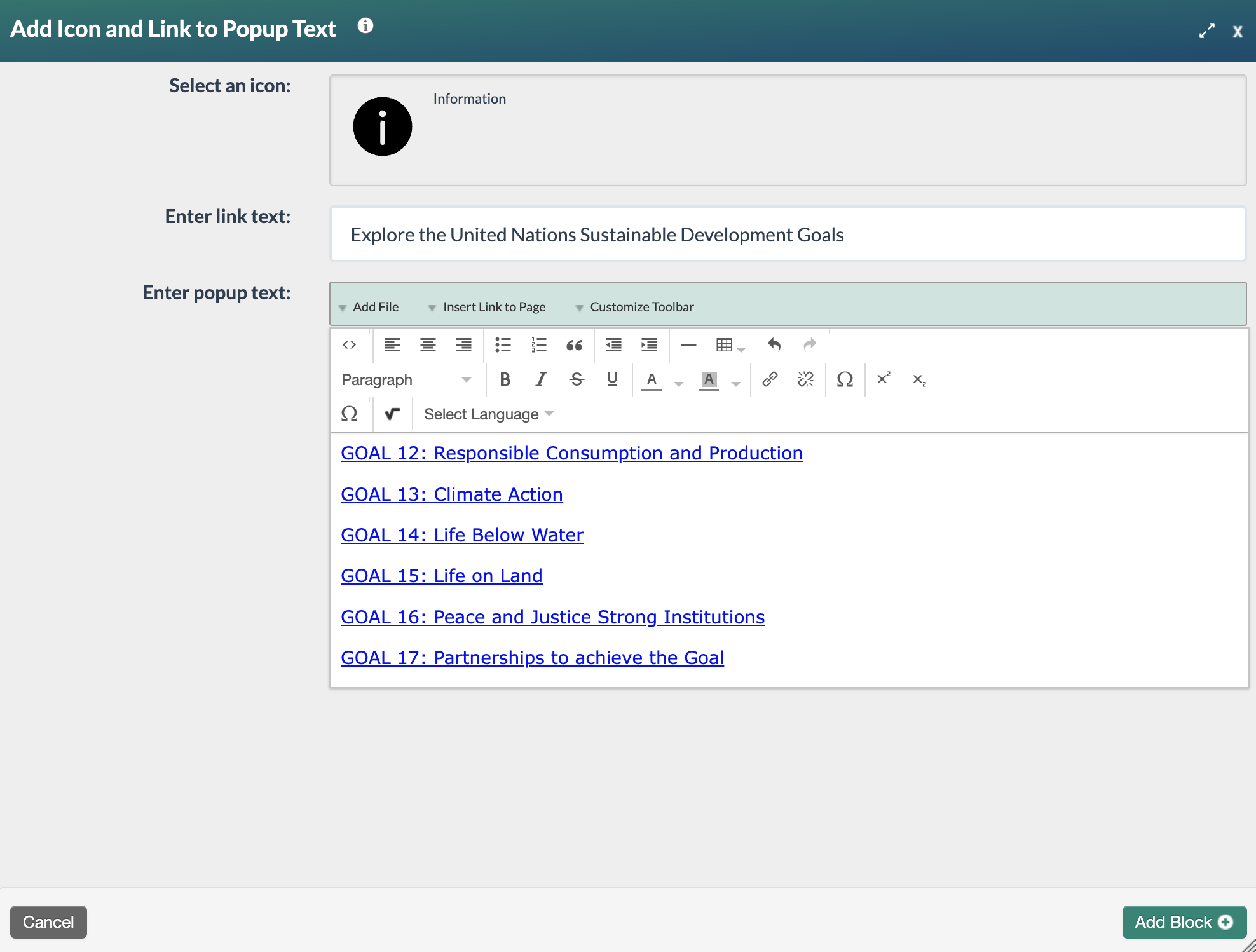 icon and link to popup text with the icon selected and link and text fields complete