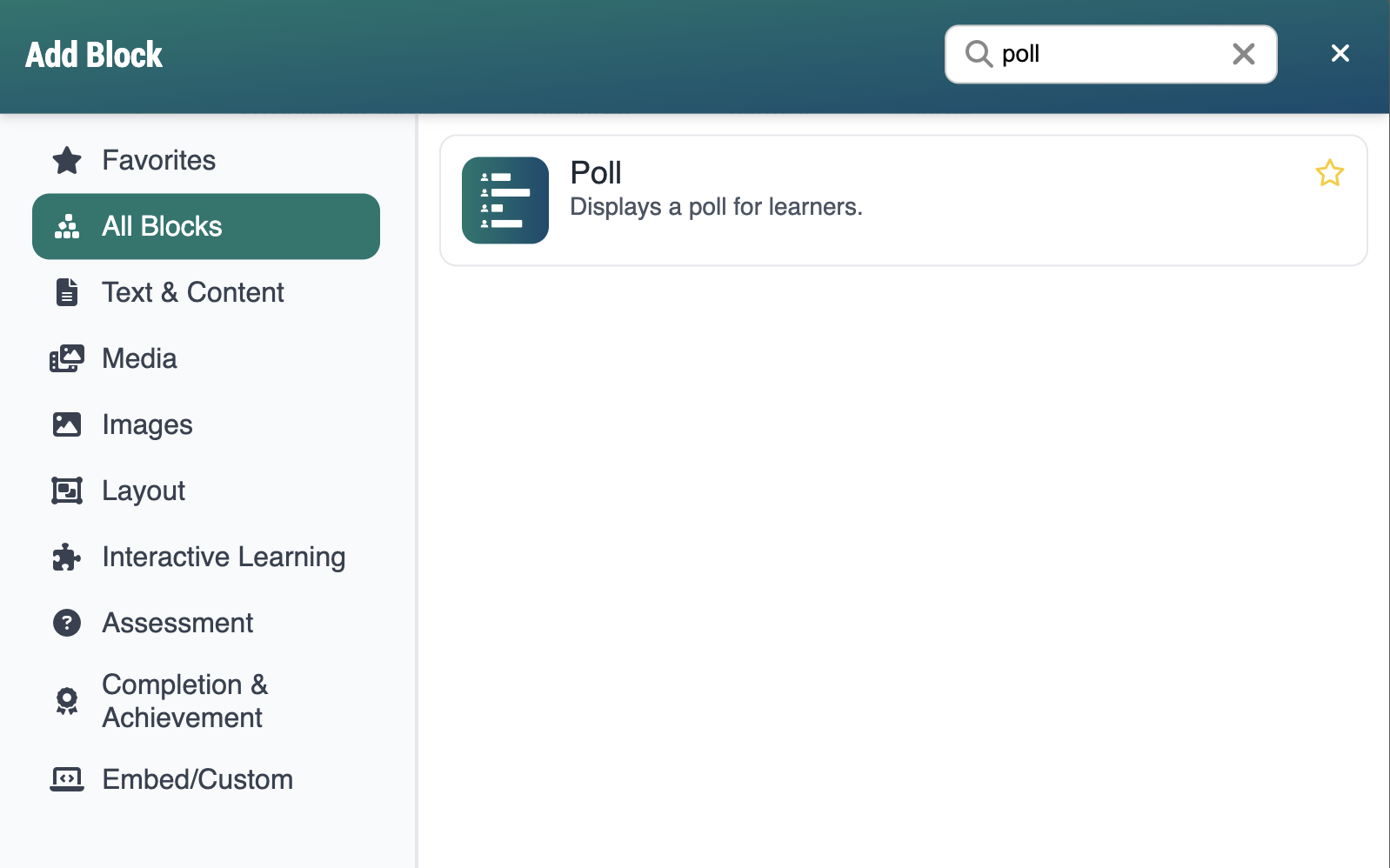screenshot of add block with the poll block showing