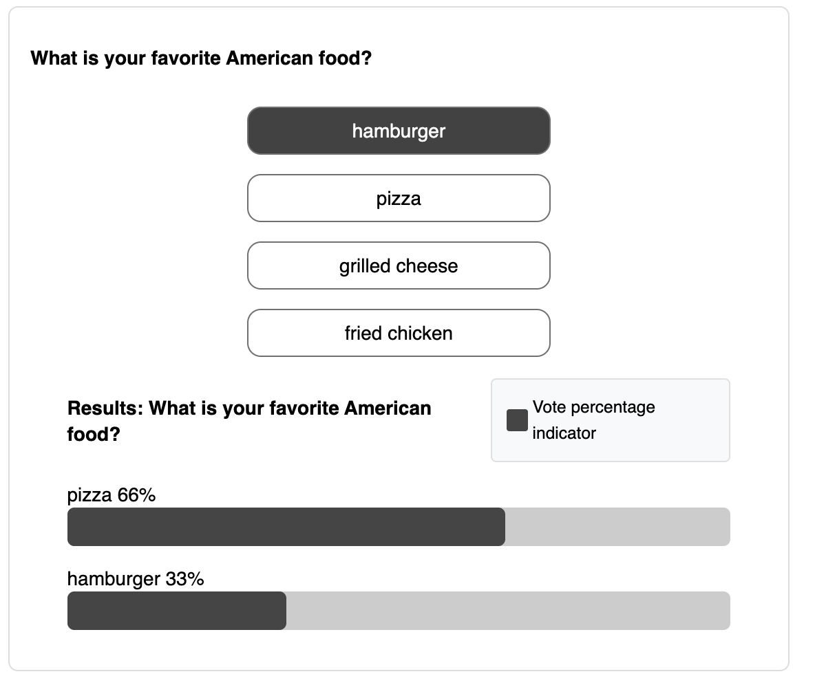 result of poll view showing pizza with 66% and hamburgers with 33%