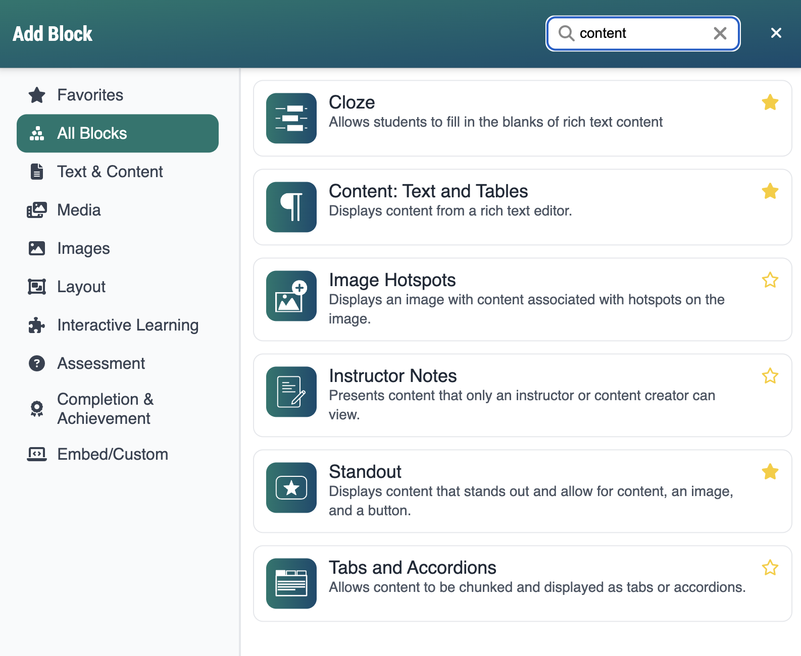 screenshot of add block with the poll block showing