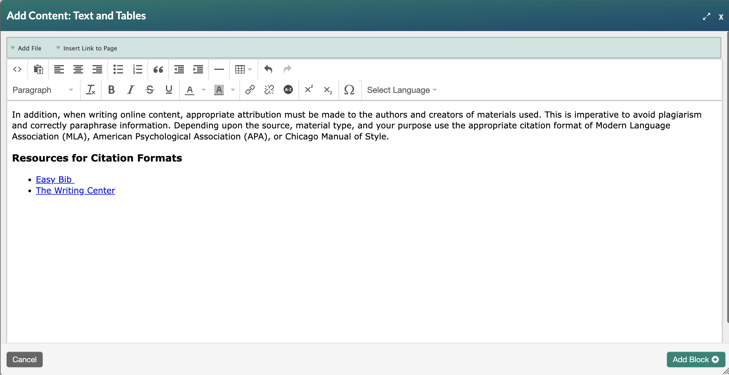 content text and tables block formatted with text and applied styles