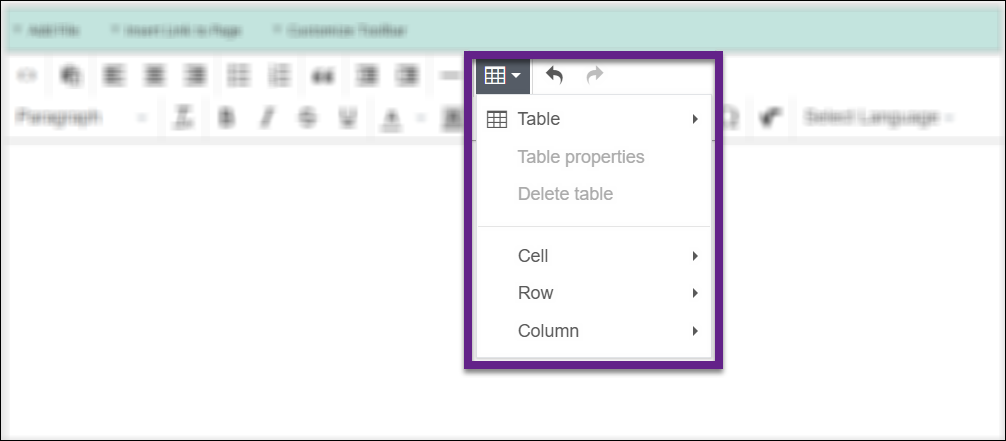 add table icon on the toolbar