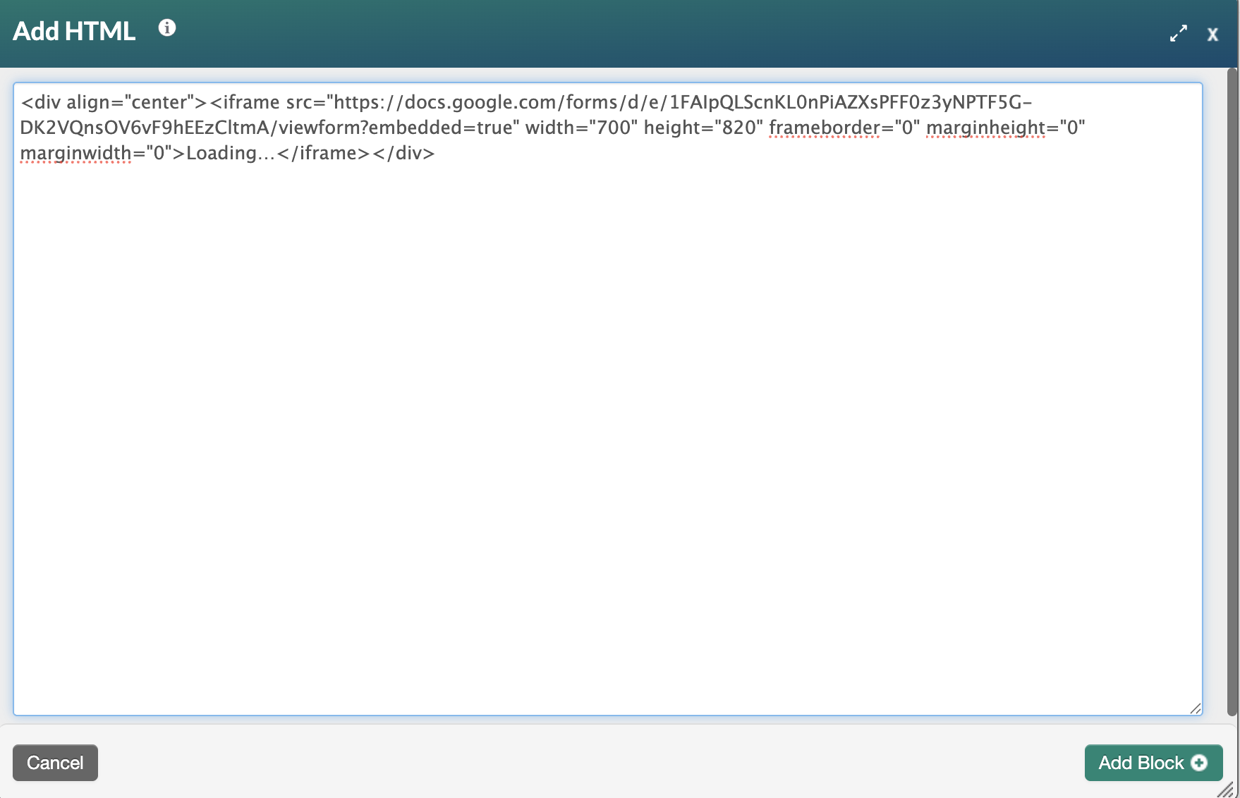 screenshot of html block with code pasted in