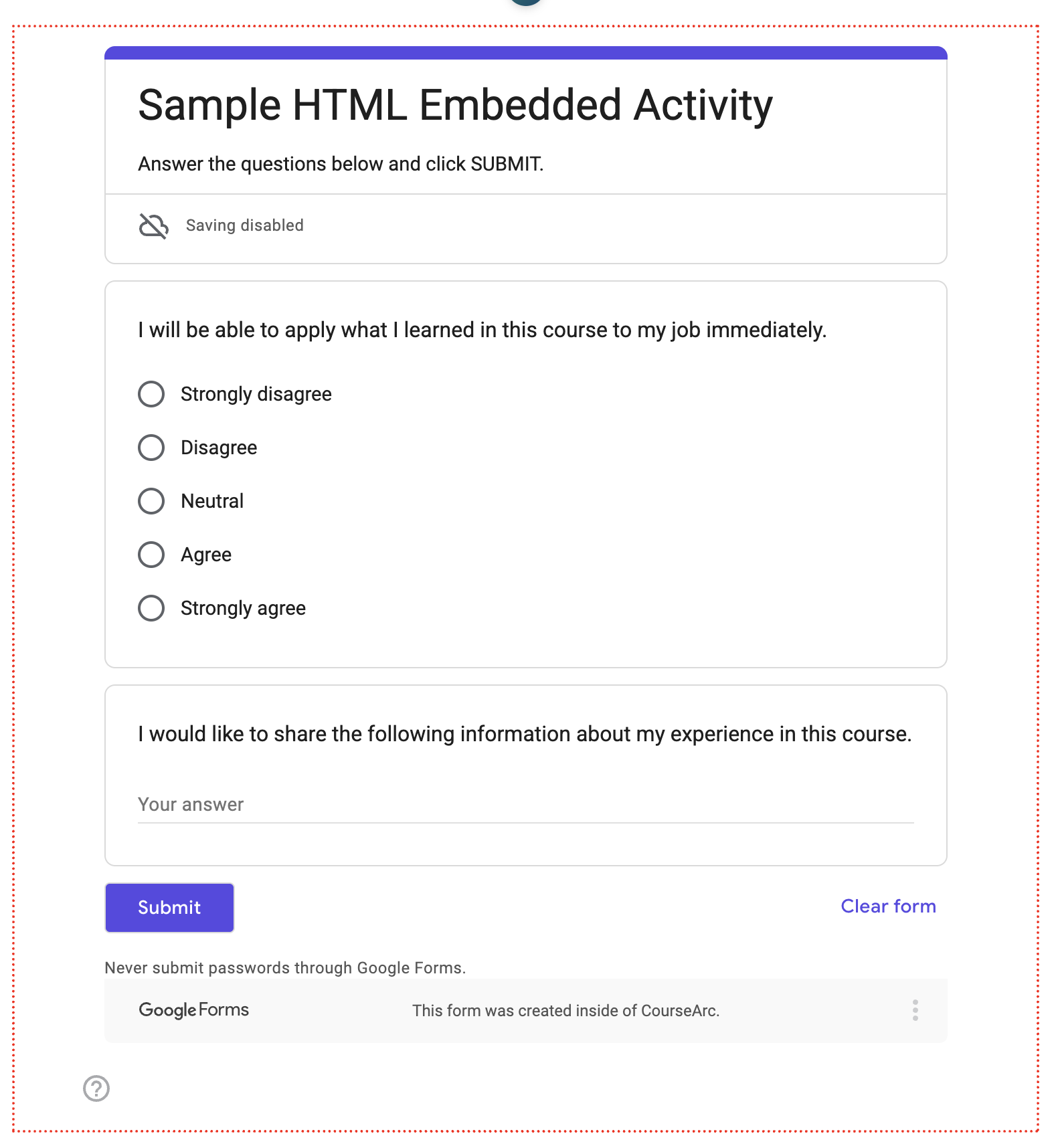 sample html block showing a google form in edit mode