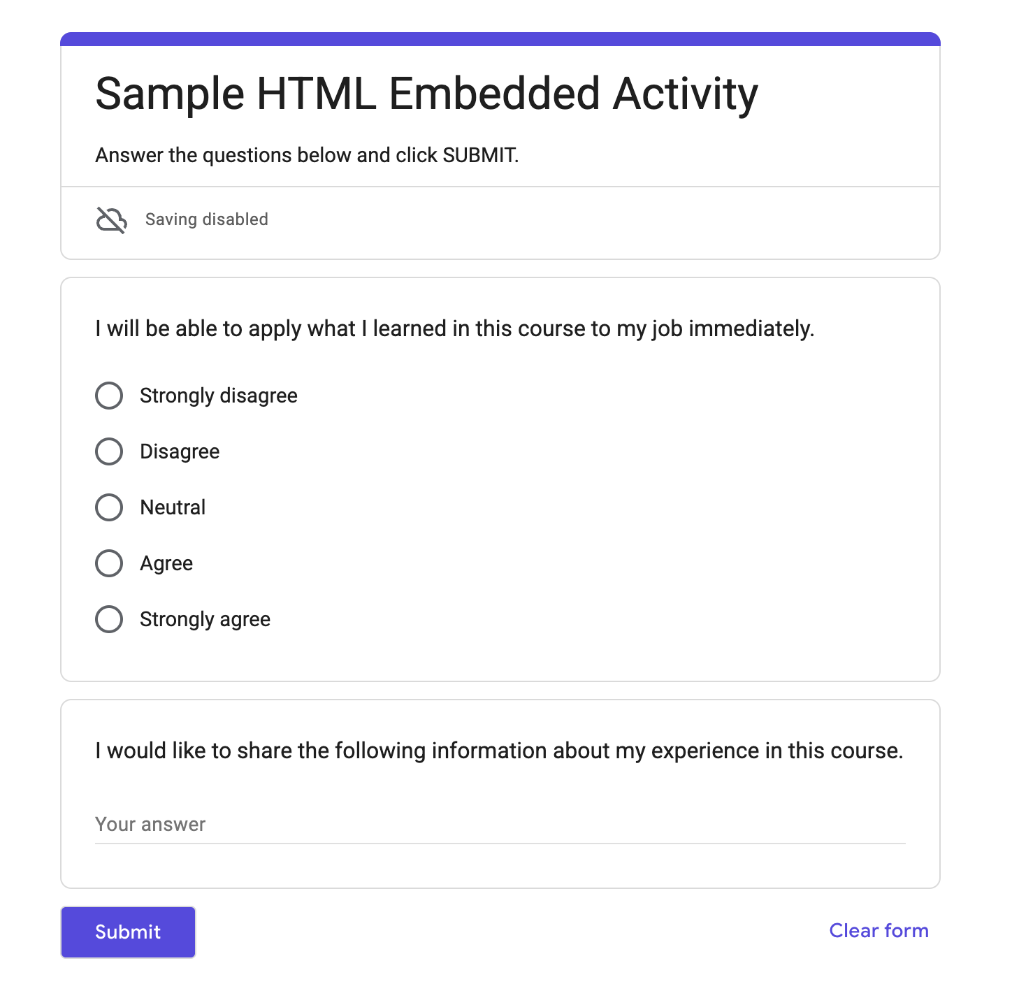 sample published html block showing an embedded google form