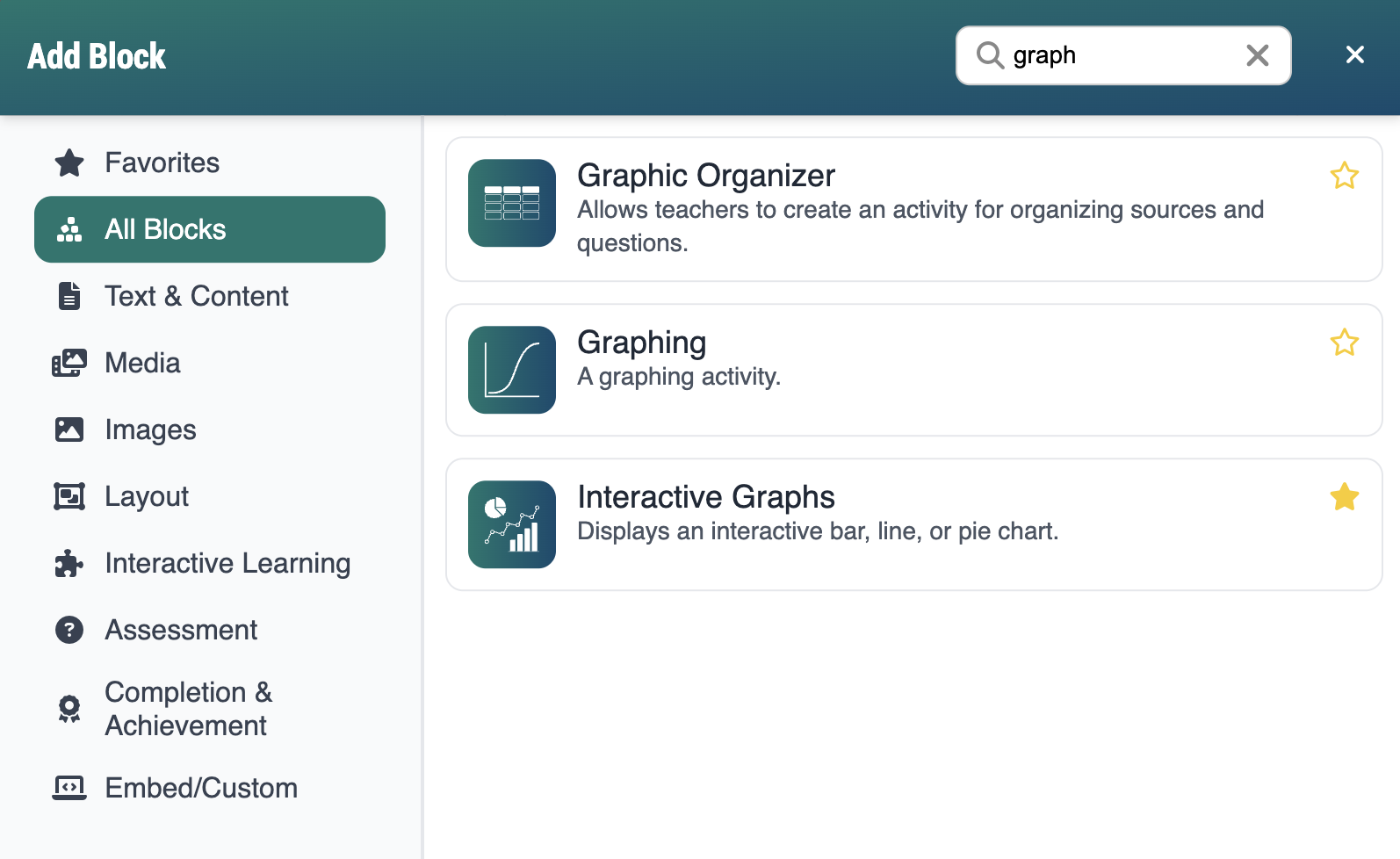 screenshot of add block with the graphing block showing