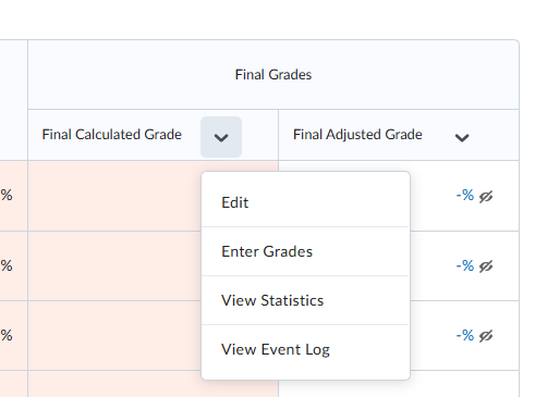 The arrow next to the Final Calculated and Final Adjusted Grades allows instructors to edit them to define behaviors, including the grading scheme.