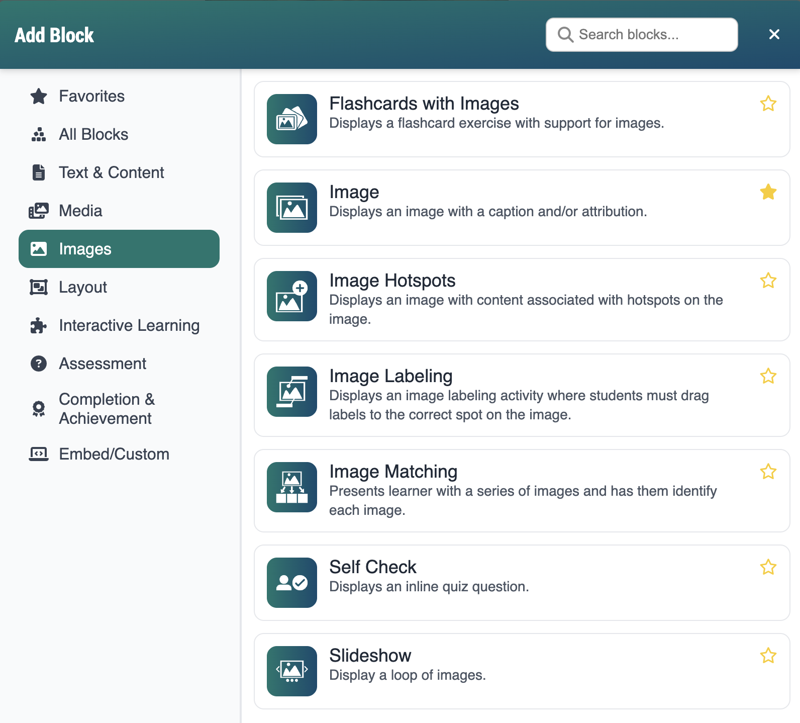 Screenshot of Add Block modal, displaying Image blocks