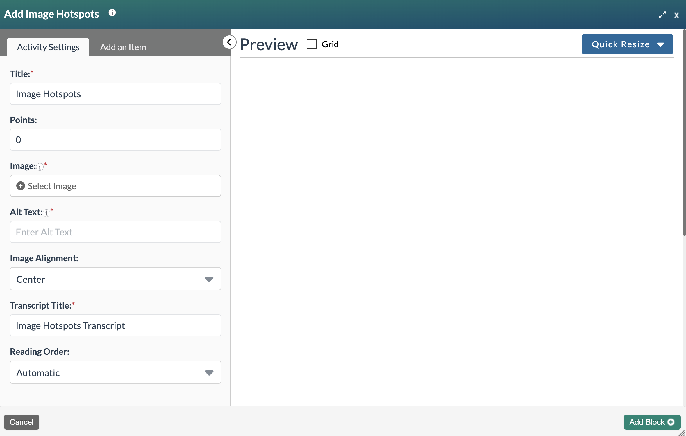 Screenshot of the Add Image Hotspots blank form