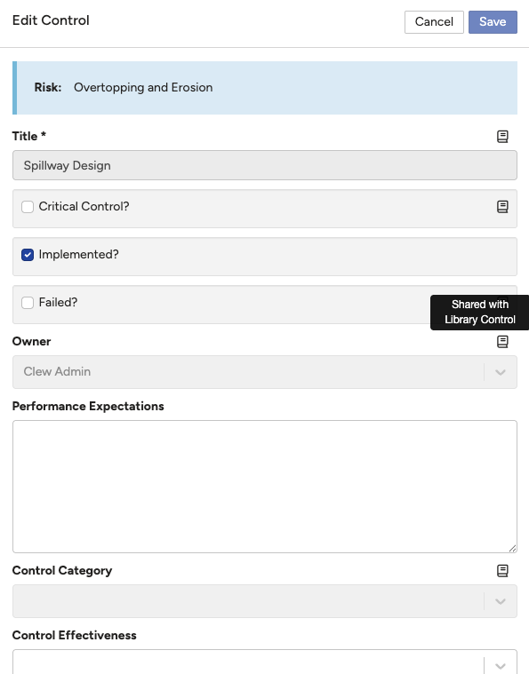 The same shared Owner field greyed out and not editable for a user without library control update permissions