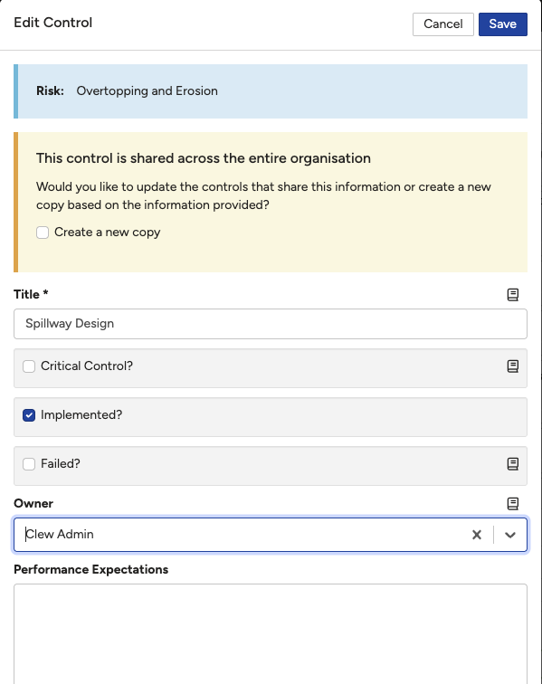 A user with library control update permissions editing a shared Owner field, with a system warning that the change will apply across all other risk controls