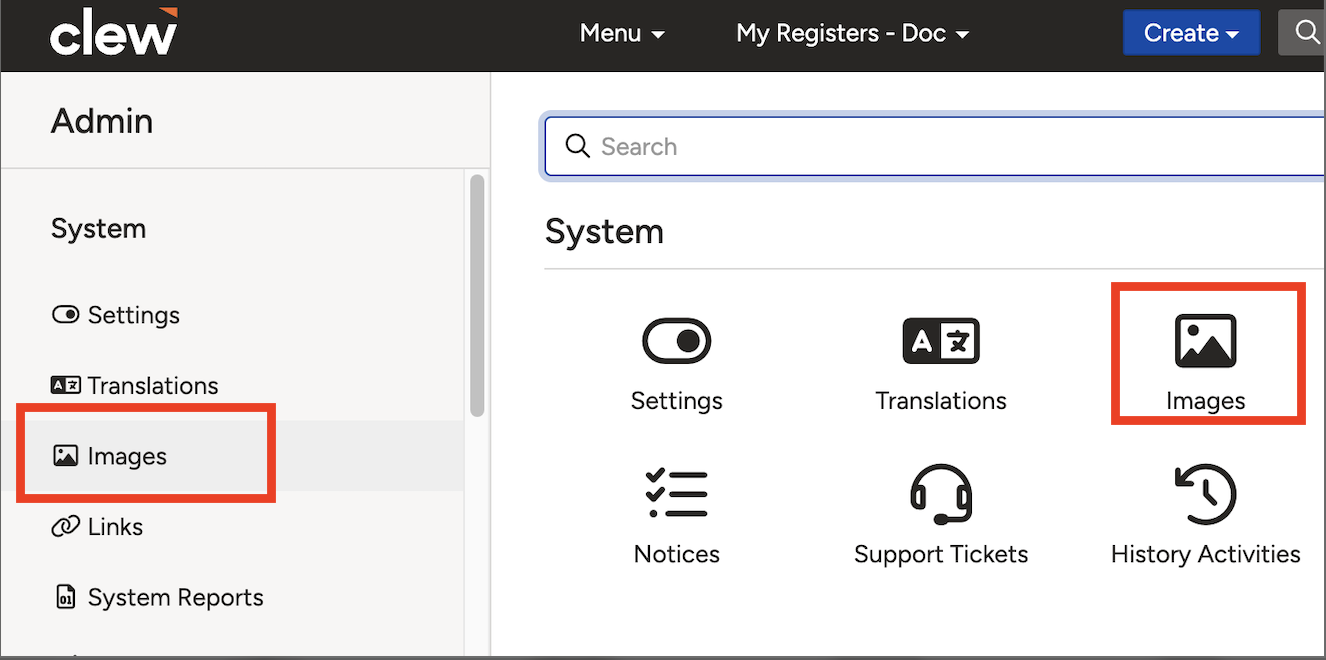 The Images option in the Admin left-hand navigation bar