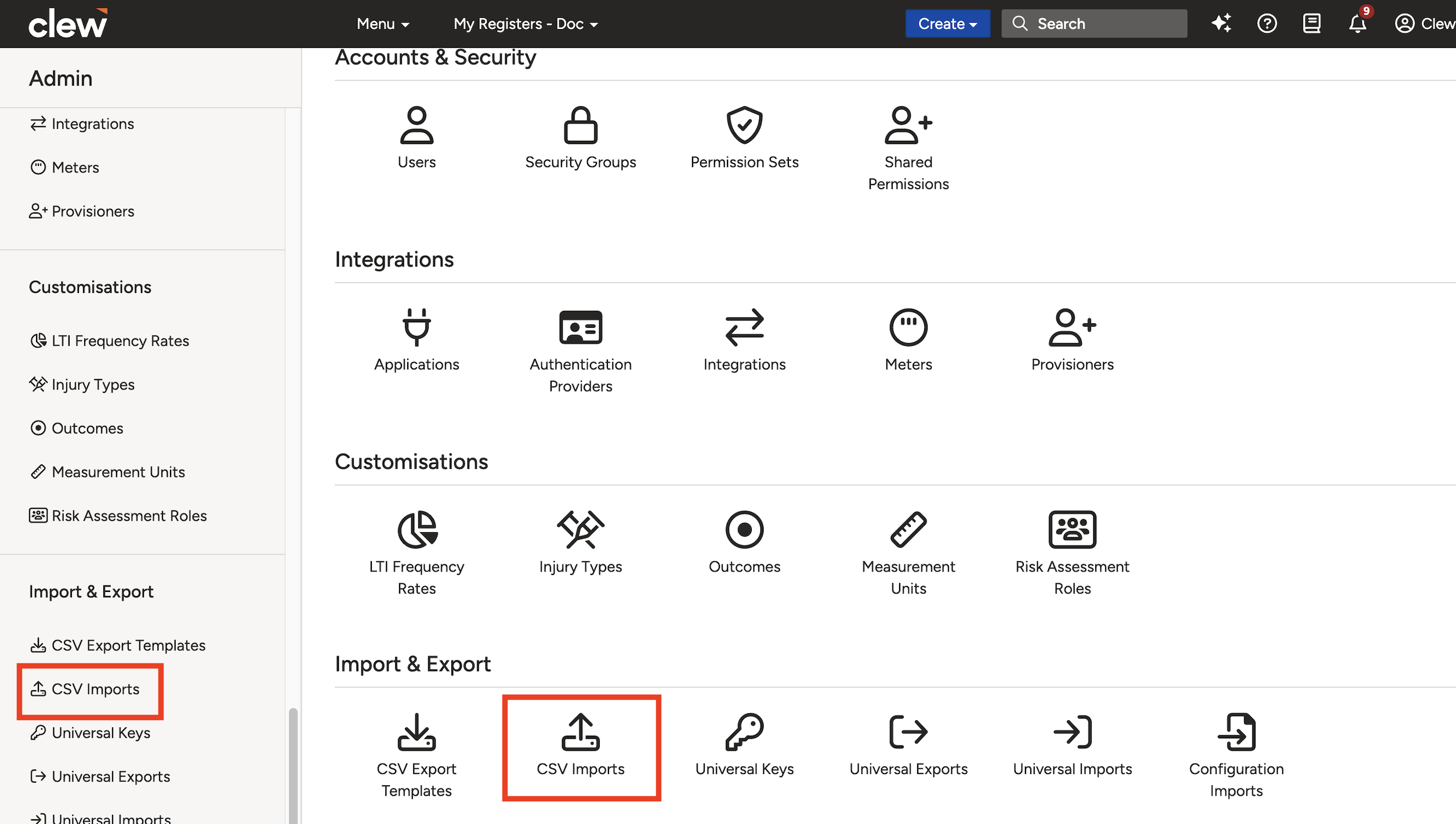 The Import and Export section on the Admin page, with CSV Imports listed.