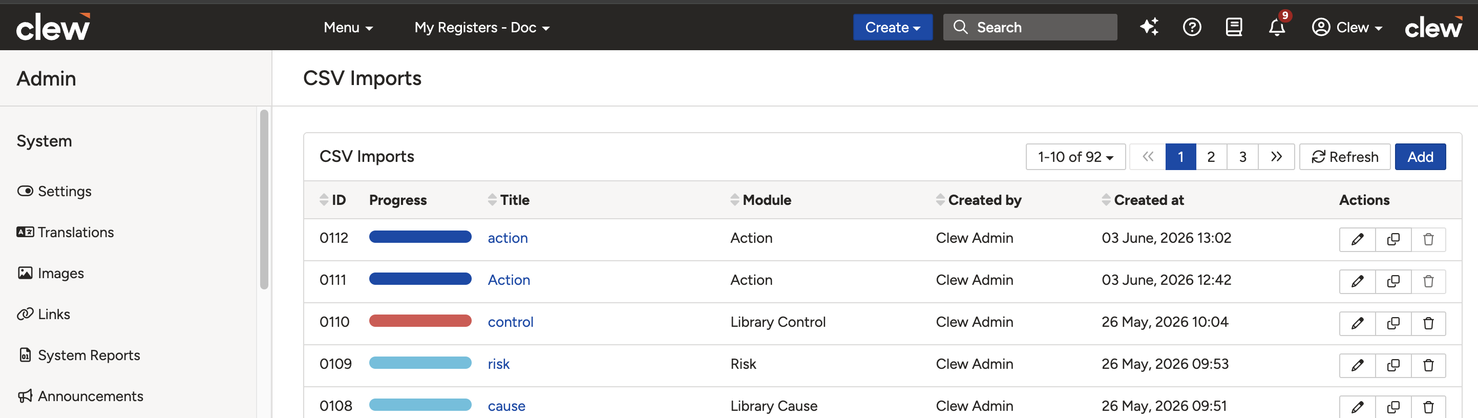The CSV Imports list page showing previous imports and the Add button in the top right.